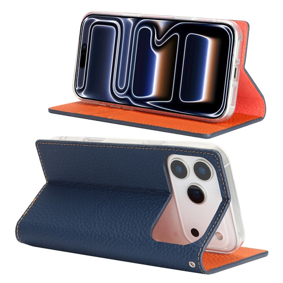 Etui z klapką do iPhone 17 Pro, Litchi Skin Grain, granatowe