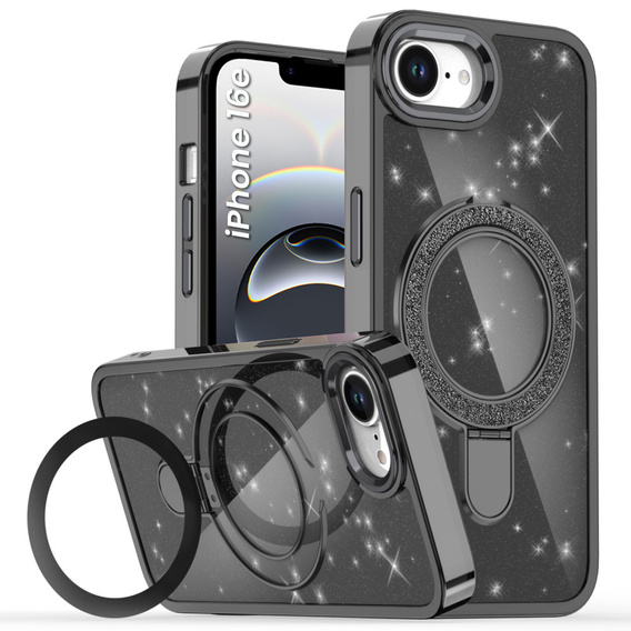 Etui do iPhone 16e, Glittery Magnetic Kickstand, czarne