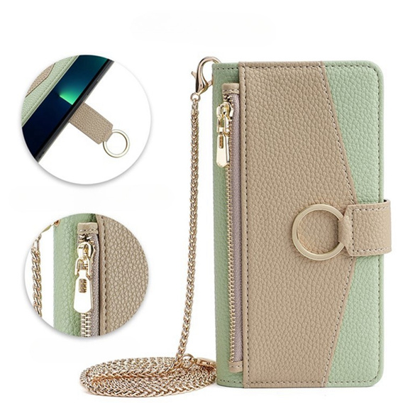 Etui z klapką do Samsung Galaxy A56 5G, Wallet Zipper Pocket, z lusterkiem, zielone