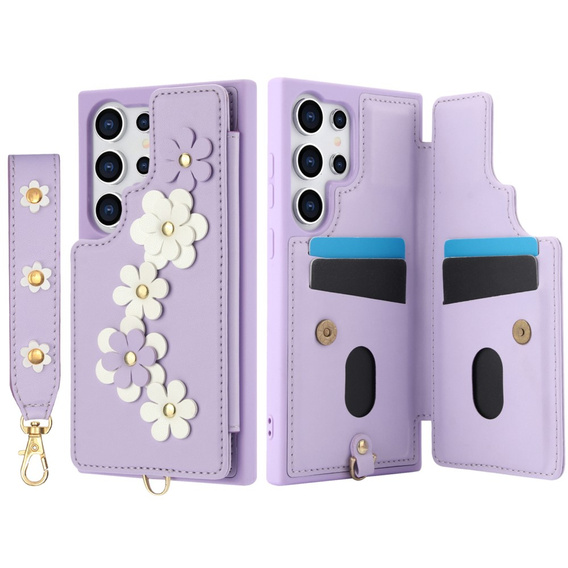 Etui do Samsung Galaxy S25 Ultra, Leather Flower Card Slot, fioletowe