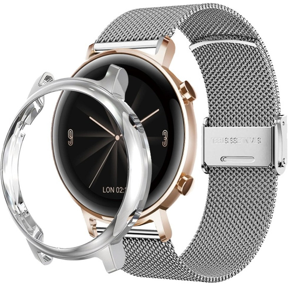 Bransoleta Milanese + Etui z osłoną na ekran do Huawei Watch GT 3 42mm, Srebrny