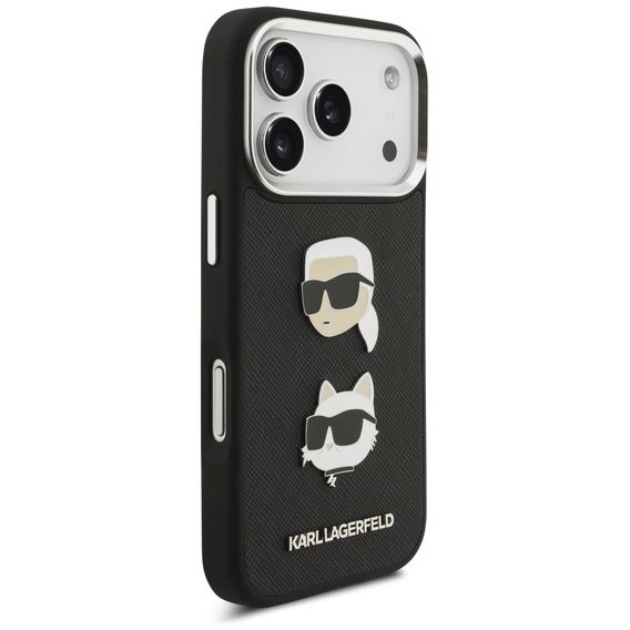 Etui Karl Lagerfeld do iPhone 17 Pro, Grained Karl & Choupette Heads Pins & Logo, czarne