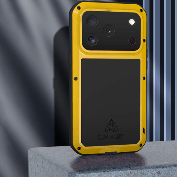 Etui Love Mei do iPhone 17 Pro, pancerne ze szkłem, żółte