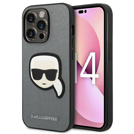 Etui Karl Lagerfeld do iPhone 14 Pro, Saffiano Karl's Head Patch, srebrne