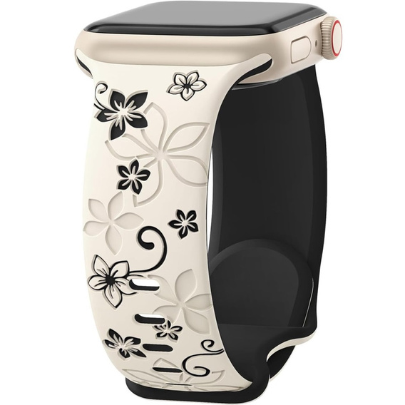 Pasek Silikonowy do Apple Watch 1/2/3/4/5/6/7/8/9/10/11/SE 38/40/41/42mm, Floral, Beżowy / Czarny