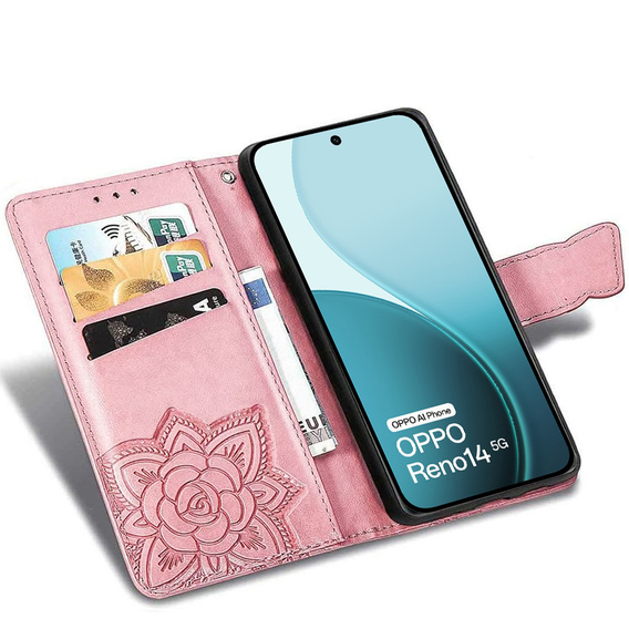 Etui z klapką do Oppo Reno 14, z wytłoczonym wzorem motyla, różowe rose gold