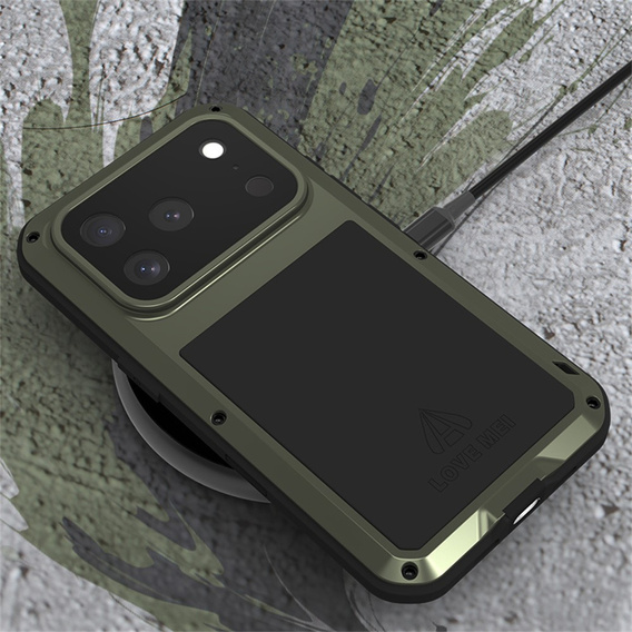 Etui Love Mei do iPhone 17 Pro, pancerne ze szkłem, zielone