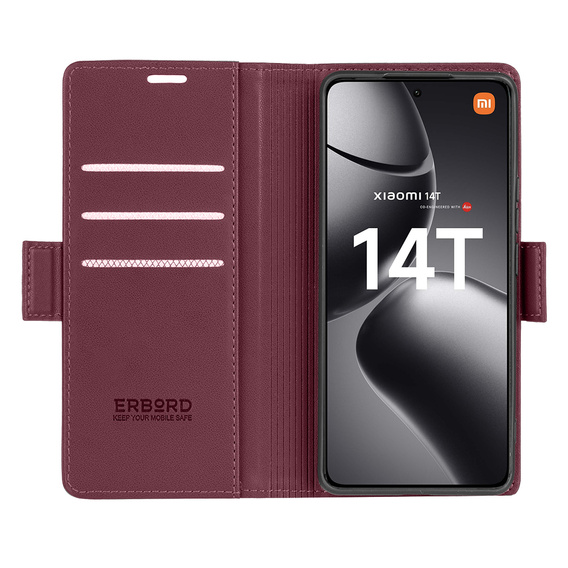 Etui do Xiaomi 14T, ERBORD Glossy Litchi, portfel z klapką, czerwone