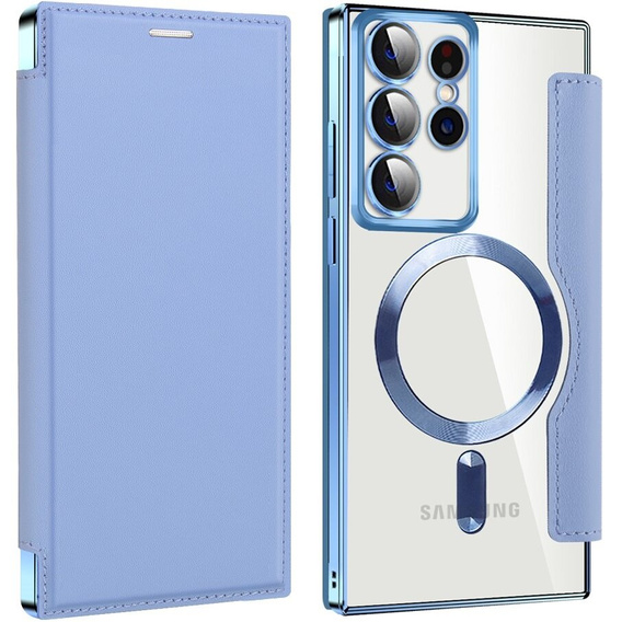 Etui z klapką do Samsung Galaxy S22 Ultra 5G, RFID Wallet MagSafe z ochroną aparatu, niebieskie