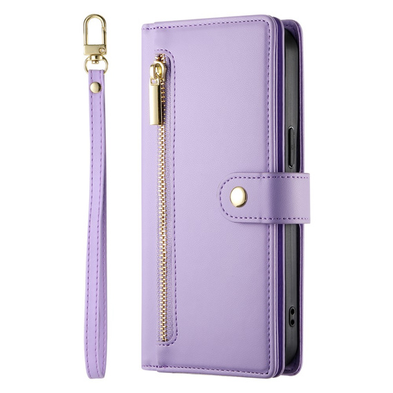 Etui z klapką do iPhone 16 Plus, Wallet Zipper Pocket, fioletowe