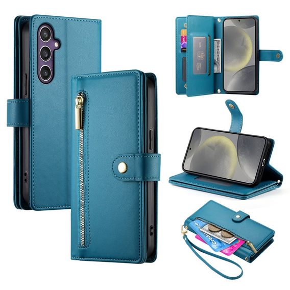 Etui z klapką do Samsung Galaxy S25+ Plus, Wallet Zipper Pocket, niebieskie