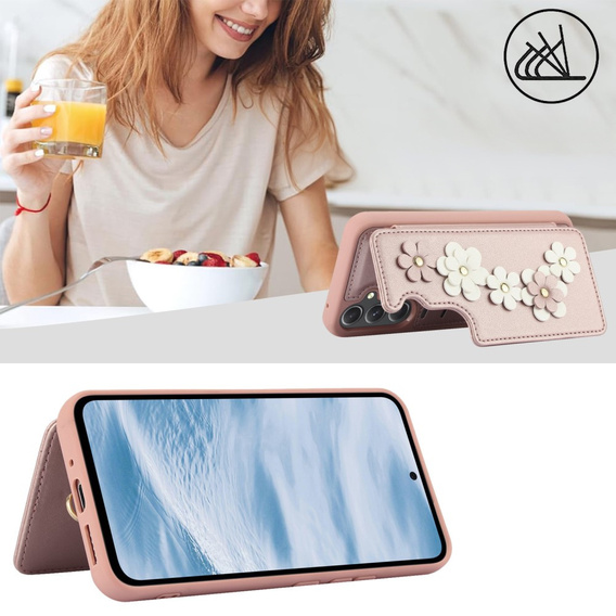 Etui do Samsung Galaxy A55 5G, Leather Flower Card Slot, różowe