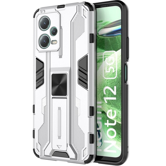Etui do Xiaomi Redmi Note 12 5G / POCO X5 5G, pancerne z podstawką i ochroną aparatu, srebrne