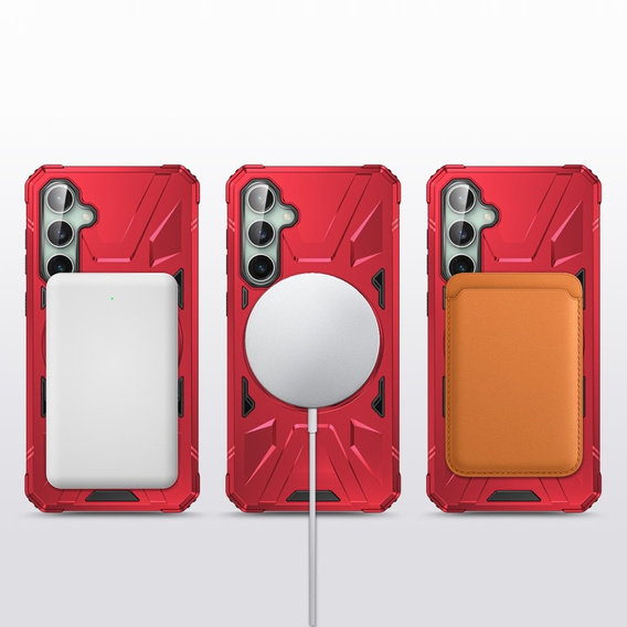Etui do Samsung Galaxy A15 5G, pancerne do MagSafe z podstawką, czerwone + szkło 9H