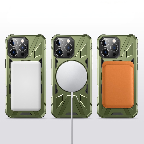 Etui do iPhone 16 Pro Max, pancerne z podstawką i blaszką do uchwytu, zielone