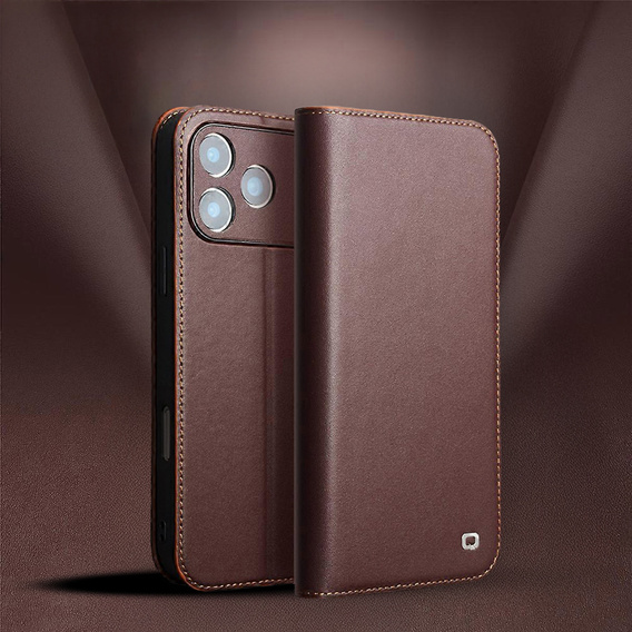 Etui z klapką QIALINO do iPhone 17 Pro Max, skórzane, brązowe