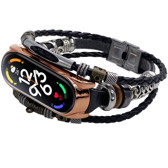 Pasek Skórzany do Xiaomi Mi Band 7/7 NFC, Czarny / Różowe złoto