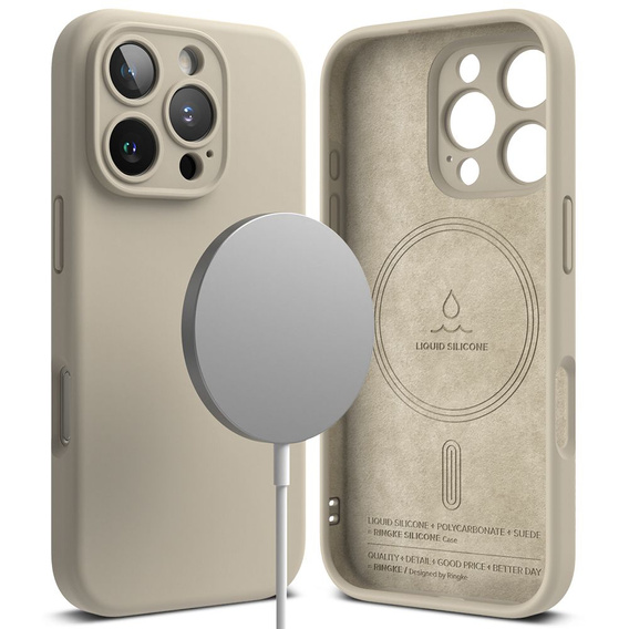 Etui Ringke do iPhone 16 Pro, Silicone MagSafe, beżowe + Szkło Hartowane 9H