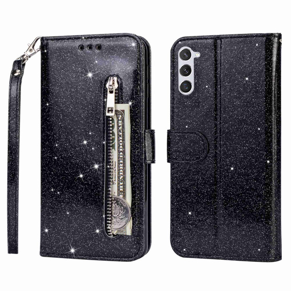 Etui z klapką do Samsung Galaxy S24, Wallet Zipper Pocket Glittery, czarne