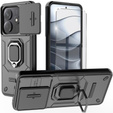 Etui do Xiaomi Redmi Note 14 5G, KickStand Camera Lens, czarne + Szkło 9H