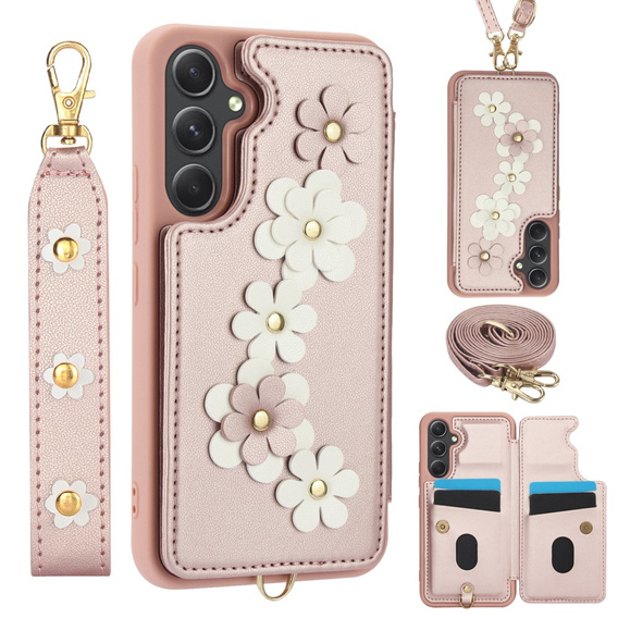 Etui do Samsung Galaxy A55 5G, Leather Flower Card Slot, różowe