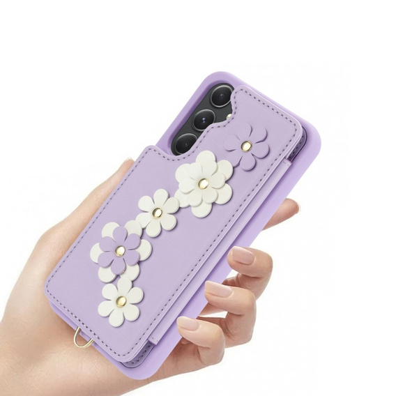 Etui do Samsung Galaxy S23 FE, Leather Flower Card Slot, fioletowe