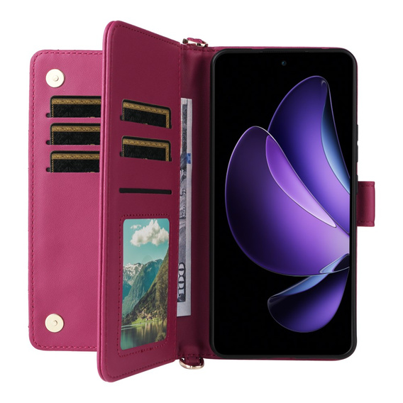Etui z klapką do Oppo Reno 13F 5G, Crossbody Leather Wallet, bordowe