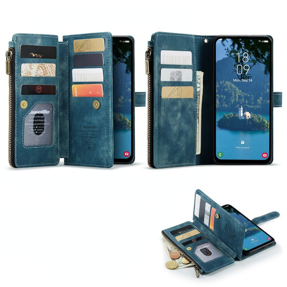 Etui CASEME do Samsung Galaxy A56 5G, Leather Wallet Cash and Card Slots, z paskiem, niebieskie