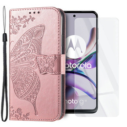 Zestaw Etui do Motorola Moto G73 5G, z klapką portfel, Motyl, Różowe rose gold + szkło