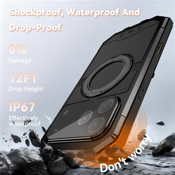 Etui pancerne do iPhone 17 Pro Max, R-JUST, do MagSafe, z podstawką, czarne