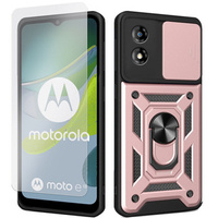 Zestaw Etui pancerne do Motorola Moto E13, CamShield Slide, różowe rose gold + szkło