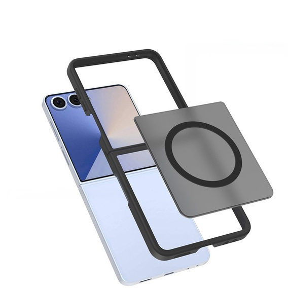 Samsung Galaxy Z Flip7 w czarnym etui z TPU i akrylowymi pleckami, widok ochrony przed zarysowaniami
