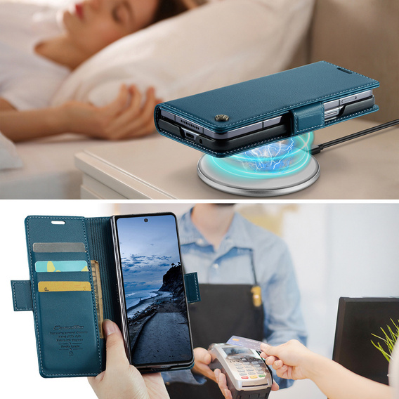 Etui z klapką CASEME do Samsung Galaxy Z Fold7 5G Litchi Wallet – niebieskie