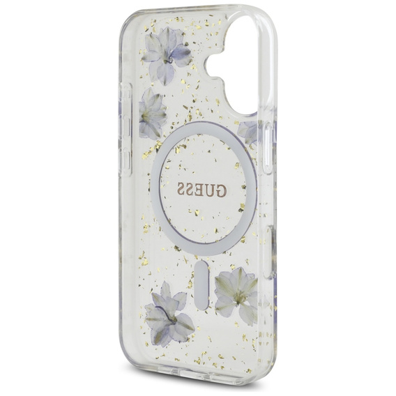 Etui GUESS do iPhone 16, Resin Flowers and Glitter, do MagSafe, fioletowe