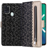 Etui z klapką do Samsung Galaxy A21S, Wallet Pocket Zipper Lace, czarne