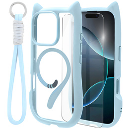 Etui do iPhone 16 Pro, do MagSafe, Cute Cat, niebieskie + Szkło na ekran