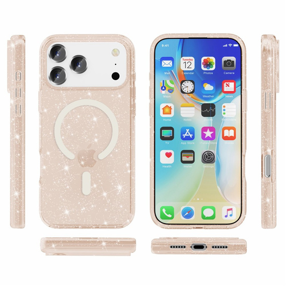 Etui do iPhone 17 Pro Max, do MagSafe, brokatowe, półprzezroczyste złote