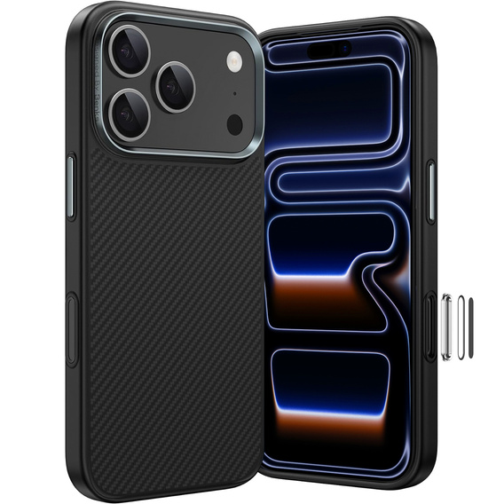 Etui BENKS Kevlar Armor PRO do iPhone 17 Pro, Carbon Fiber 600D A069, do MagSafe, aktywny przycisk – czarne