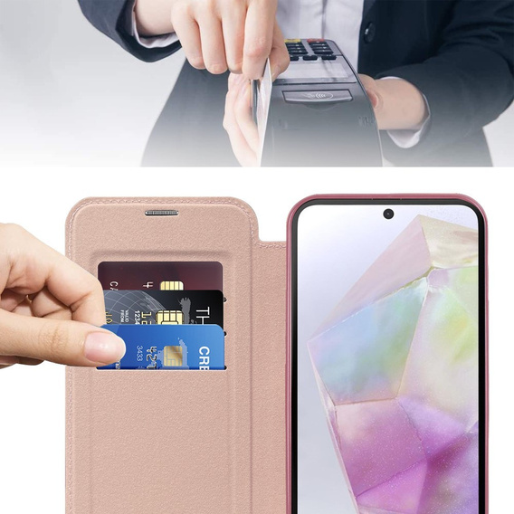 Etui z klapką do Samsung Galaxy A56 5G, RFID Wallet MagSafe z ochroną aparatu, różowe