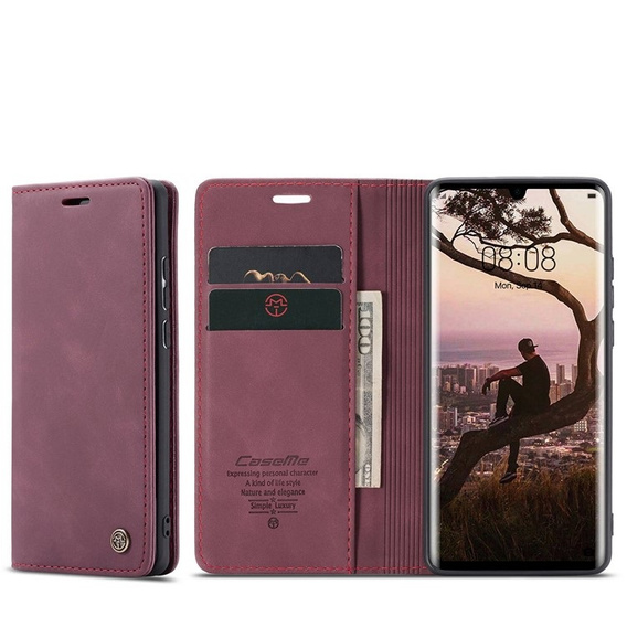 Etui CASEME do Huawei P30 Pro, Leather Wallet Case, bordowe