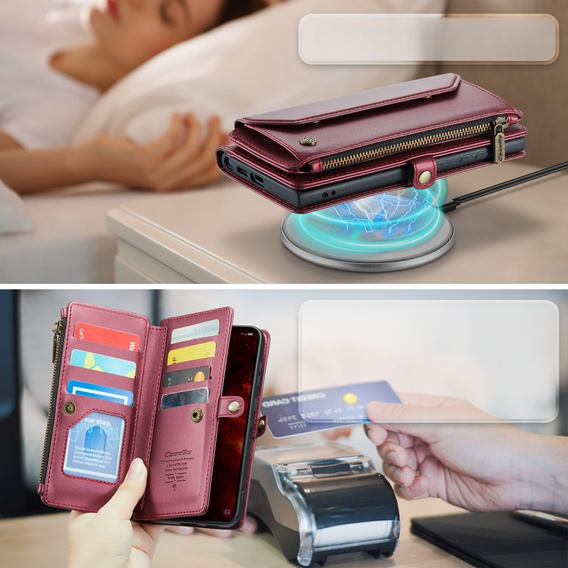 Etui CASEME do Samsung Galaxy S24 FE, RFID Leather Wallet, z paskiem na ramię, czerwone