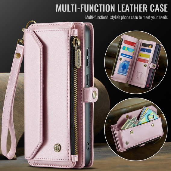 Etui CASEME do Samsung Galaxy S25 FE, RFID Leather Wallet, z paskiem na ramię, różowe