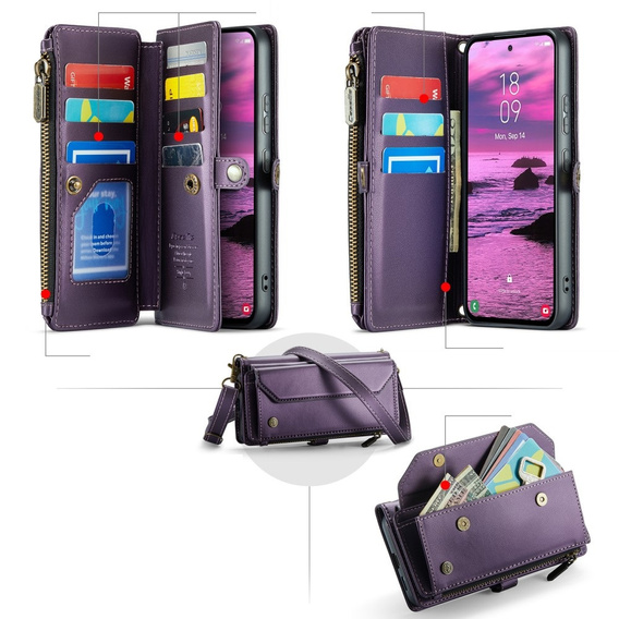 Etui portfelowe z zamkiem i paskami do Samsung Galaxy S25 Edge – praktyczność i styl w jednym - fioletowe
