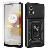 Zestaw Etui do Motorola Moto G73 5G pancerne, z ochroną aparatu i ringiem, czarne + szkło