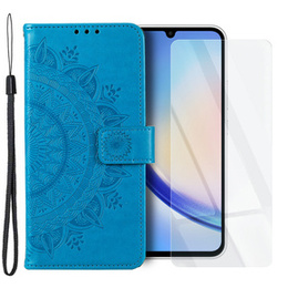 Zestaw Etui do Samsung Galaxy A34 5G, portfel ze wzorem Mandala z klapką, niebieskie + szkło