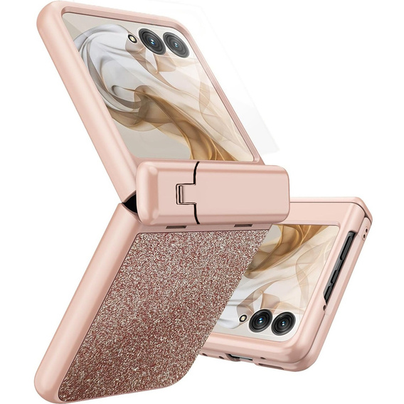 Etui do Motorola Razr 60 Ultra – Glitter PC Case ze szkłem i podstawką - różowe rose gold