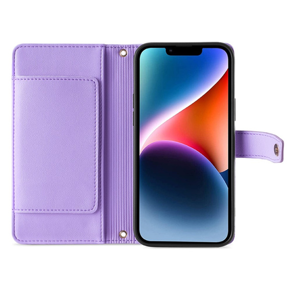 Etui z klapką do iPhone 15 Pro Max, Wallet Zipper Pocket, fioletowe