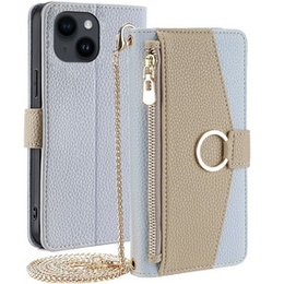 Etui z klapką do iPhone 15, Wallet Zipper Pocket, z lusterkiem, niebieskie