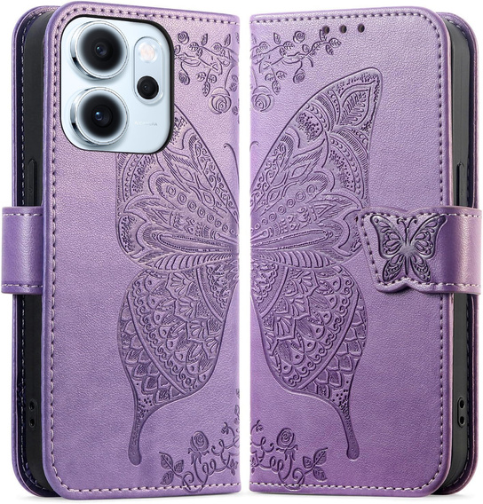 Etui z klapką do Oppo Reno 14 F / 14 FS, z wytłoczonym wzorem motyla, fioletowe