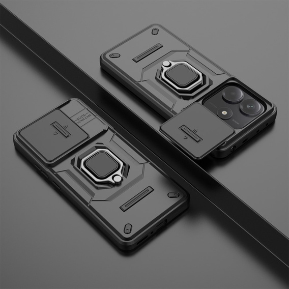 Etui do Xiaomi Redmi Note 14 5G, KickStand Camera Lens, czarne + Szkło 9H